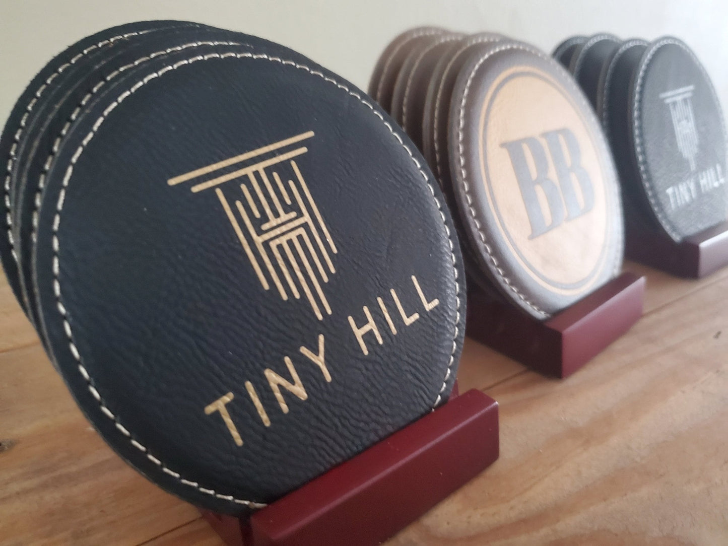 Set of 4 Custom Logo Engraved / Etched Leatherette Coasters with Rosewood Coaster Holder