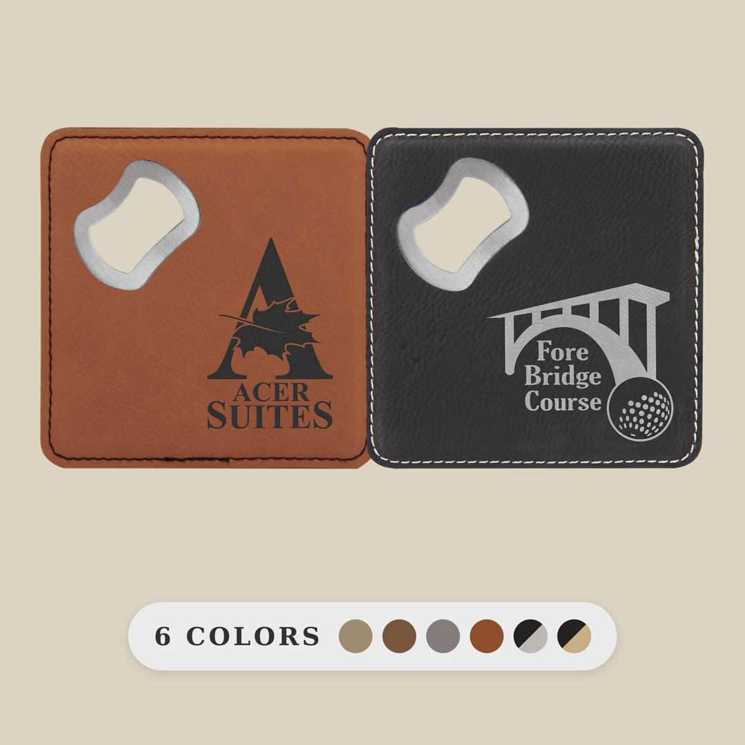 Custom engraved leatherette coaster bottle openers shown from multiple angles